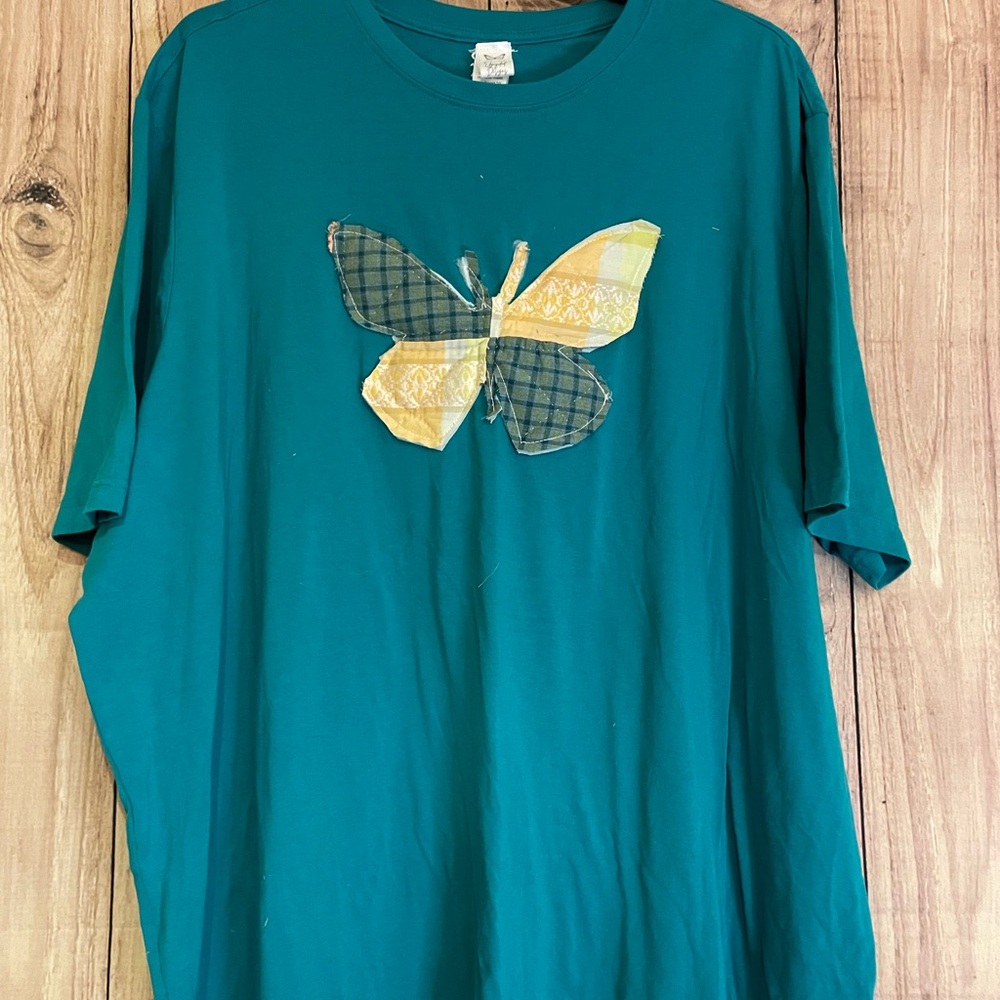 Upcycled Teal Women's Short Sleeve Top with quilted Butterfly Design 4XL